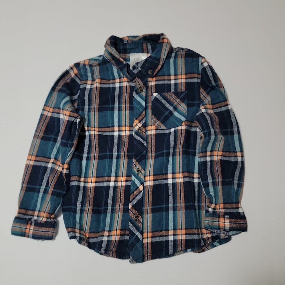 Falls Creek Boys Plaid Flannel Shirt Blue Orange Size 5T Long Sleeve Button Up